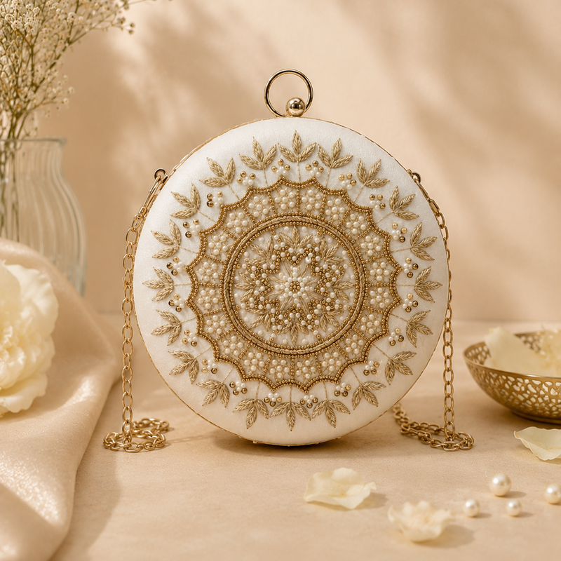 Round Zari Pearl Clutch | Off White
