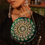 Round Zari Pearl Clutch | Green - ArtFlyck