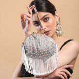 Noor Pearl Fringes Batua | Grey - ArtFlyck