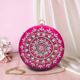 Round Zari Embroidered Bridal Clutch | Pink - ArtFlyck