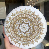 Round Zari Embroidered Pearl Bridal Clutch | Off White - ArtFlyck
