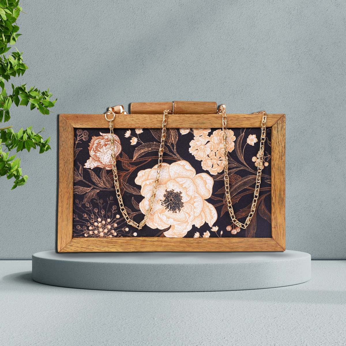 Printed Wooden Caramel Clutch