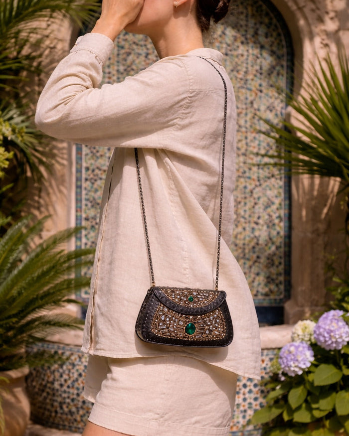 Sitara Emerald Oxidized Mini Clutch
