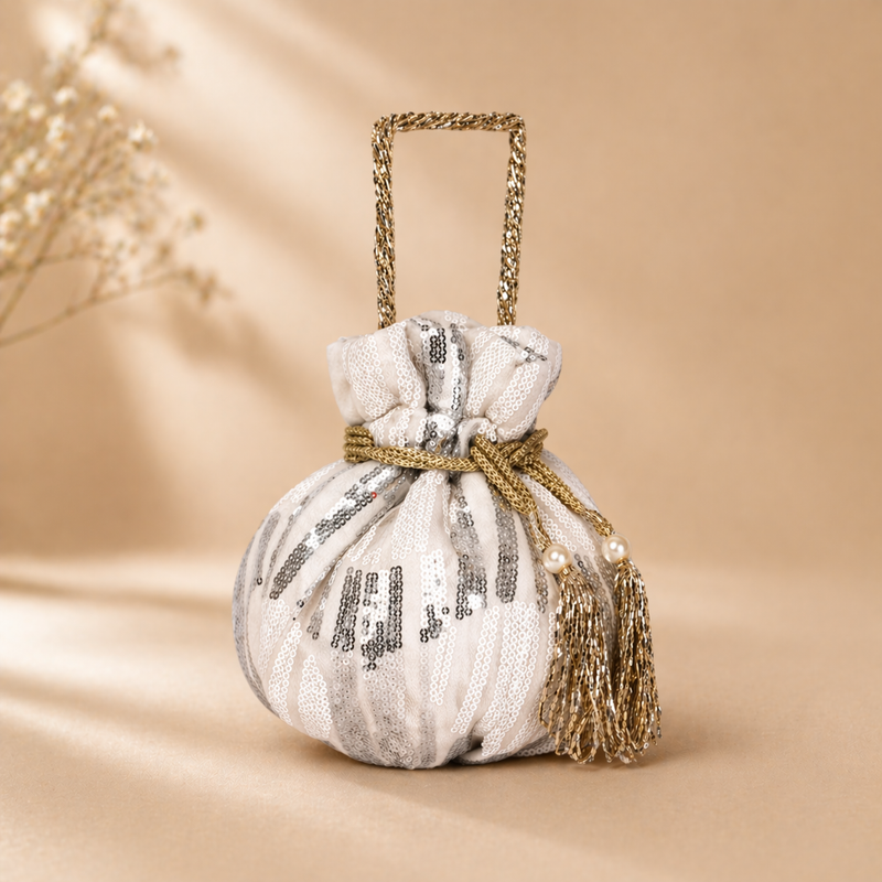 Bella Sequence Wedding Potli | White