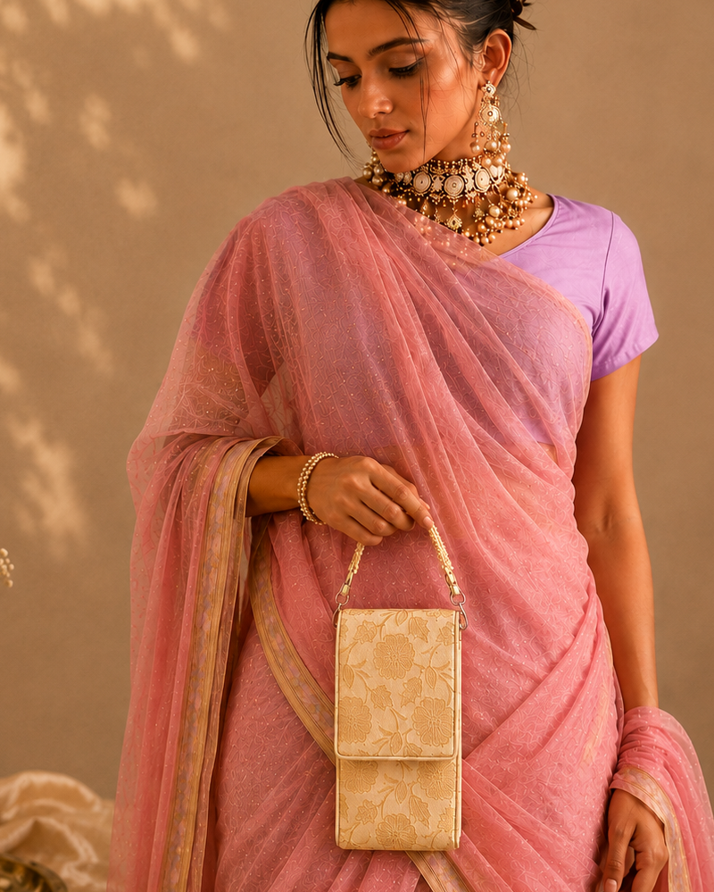 A woman models a light pink saree with a lavender purple short-sleeve blouse, accessorized with gold jewelry and holding a small beige patterned clutch bag. The background is a warm beige wall with leaf shadows, and a vase of baby's breath with a small brass lamp sits on the floor to the left.