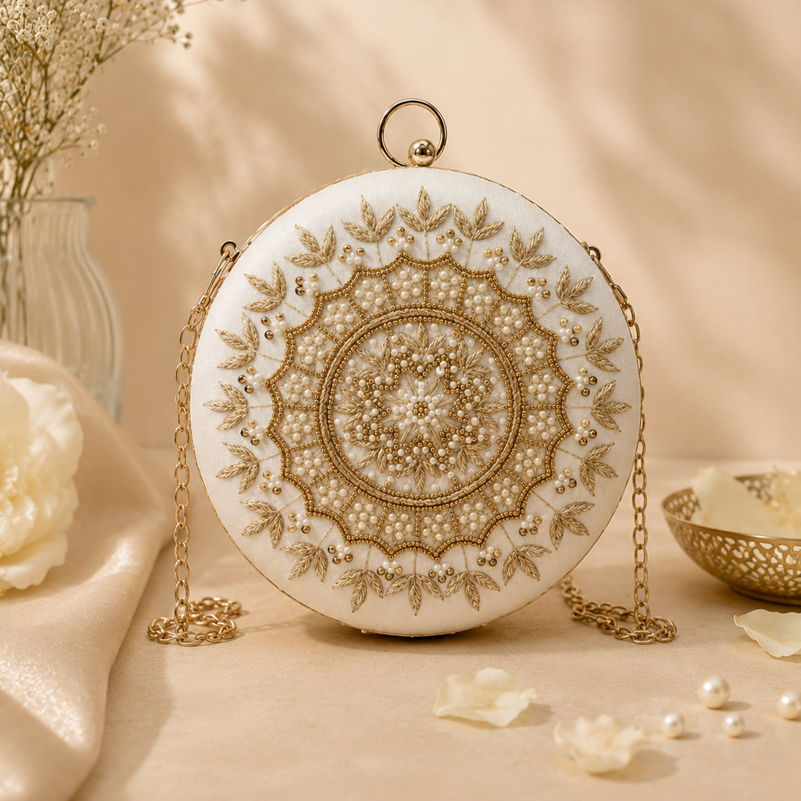 Round Zari Pearl Clutch | Off White