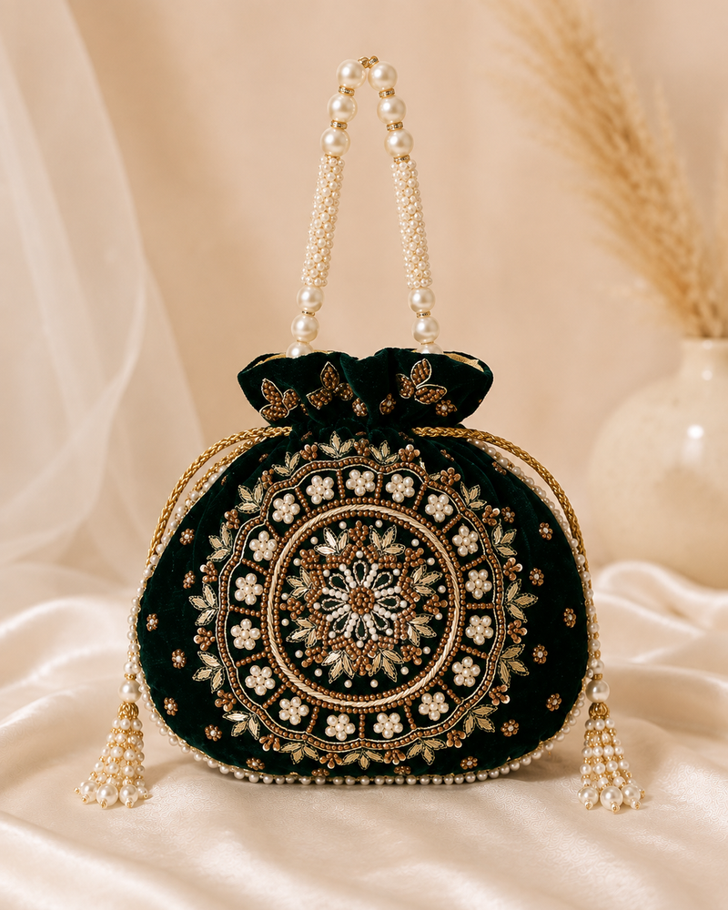 Maira Zardozi Pearl Green Potli