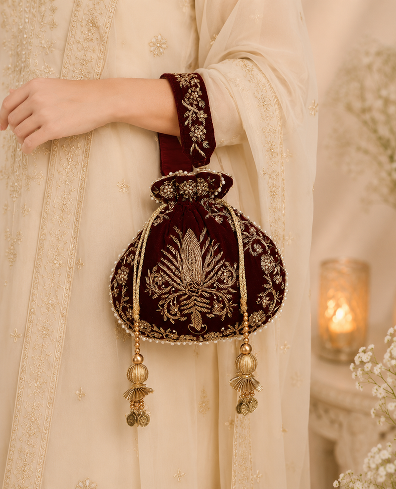 Raas Zardozi Maroon Potli