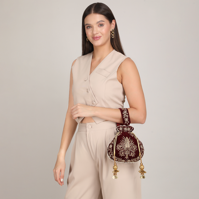 Raas Zardozi Maroon Potli
