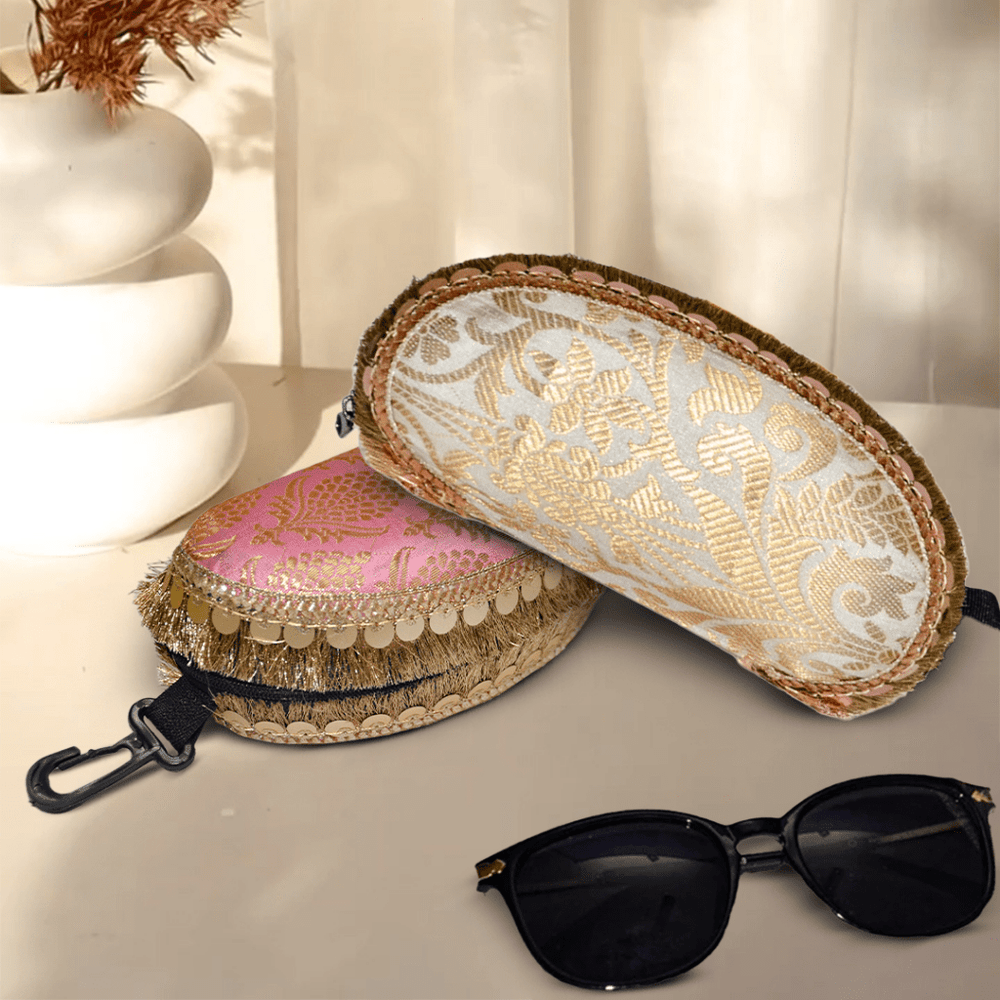 Banarasi Silk Sunglasses Case Golden-Pink