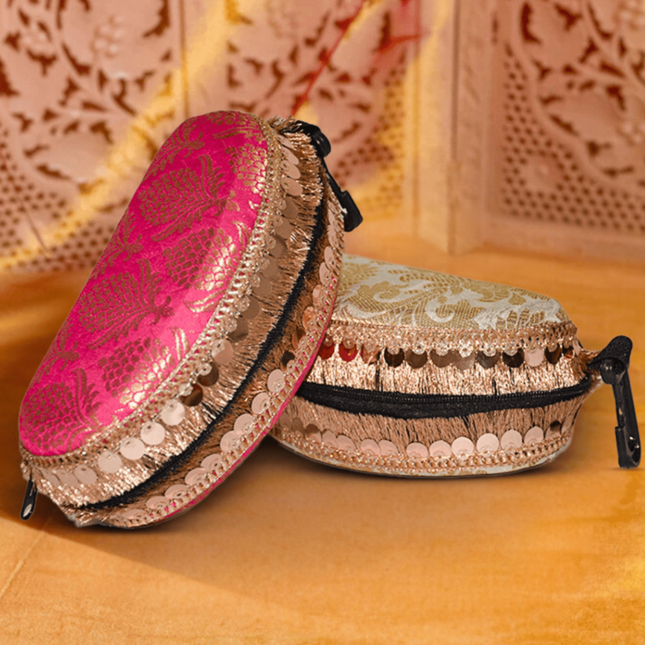 Banarasi Silk Sunglasses Case | Golden-Margenta