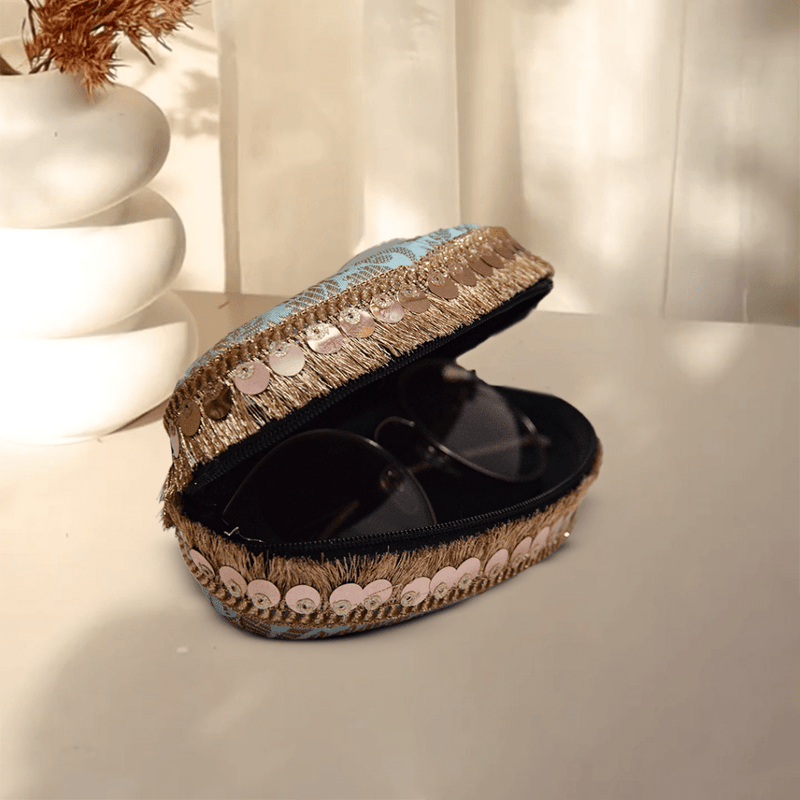 Brocade Silk Sunglasses Case | Green - Blue - ArtFlyck