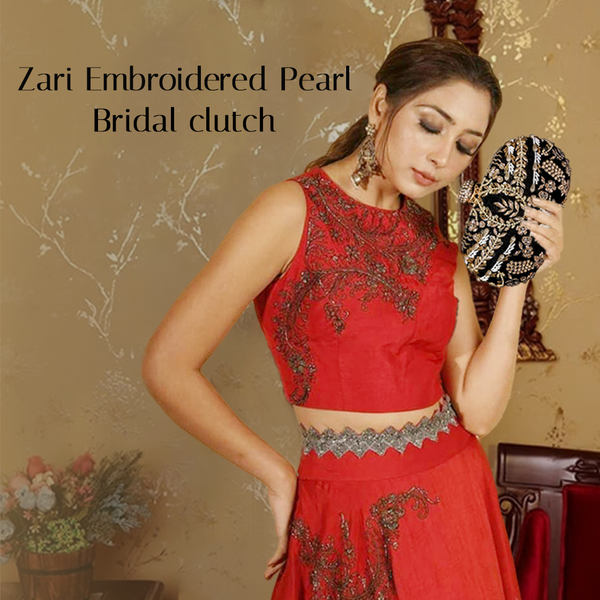 Zari Embroidered Pearl Bridal Clutch | Black Colour - ArtFlyck