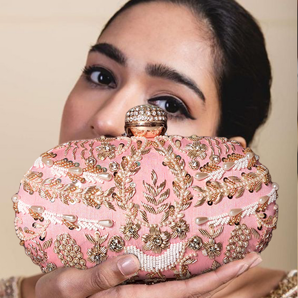 Zari Embroidered Pearl Bridal Clutch | Pastel Pink Colour - ArtFlyck