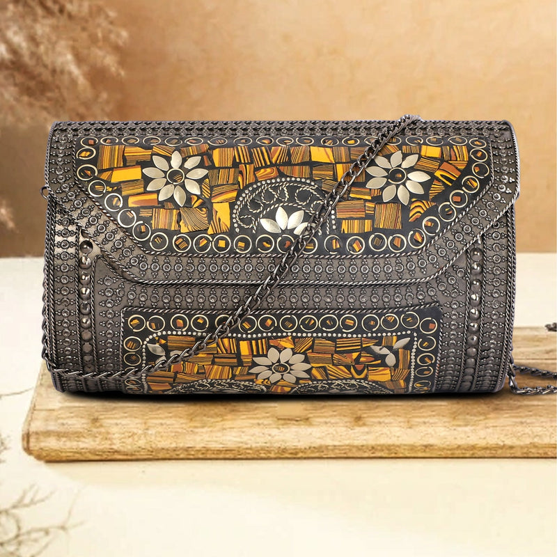 Ethnic Clutch Vintage Handmade Metal Mosaic stone Shell purse Sling bag for  women Party Bag Special occasion accessories : Amazon.in: Fashion