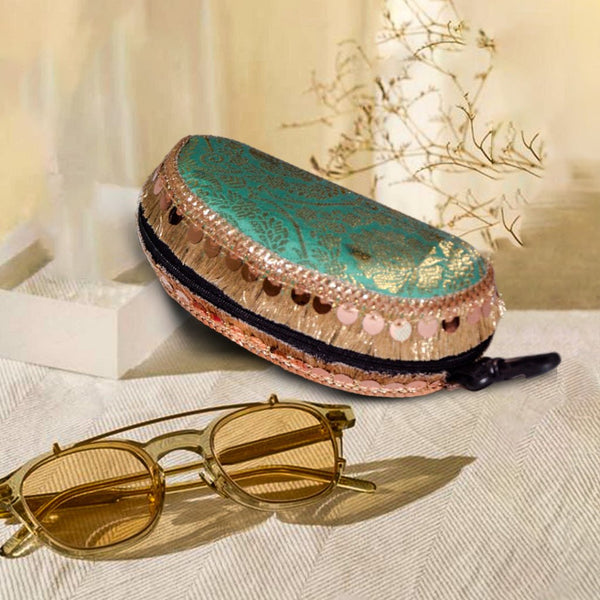 Brocade Silk Mirror Sunglasses Case | Aqua Green - ArtFlyck
