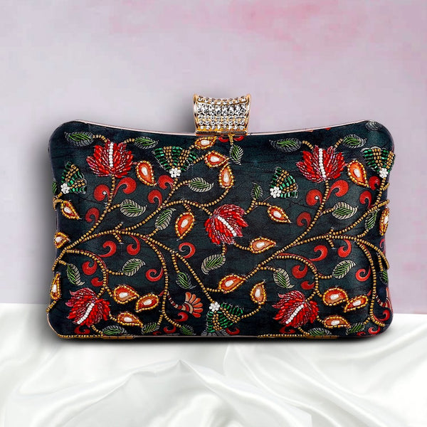 Embroidered Bridal Clutch | Black Green - ArtFlyck