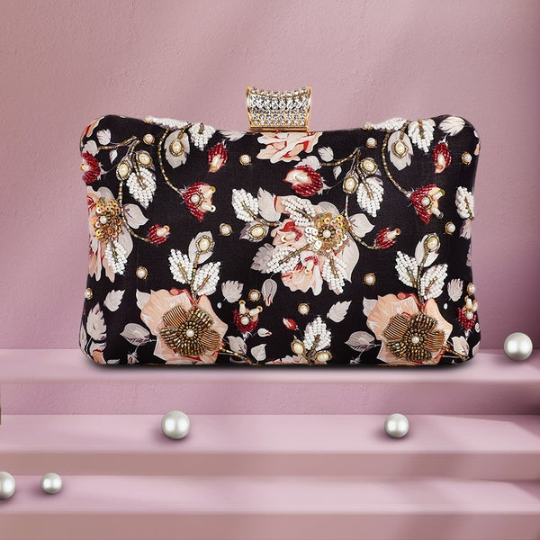 Embroidered Bridal Clutch | Black Maroon - ArtFlyck