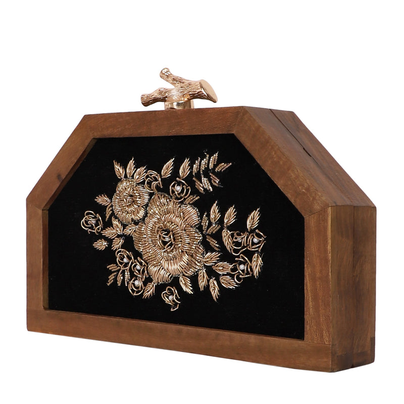 Handcrafted Wooden Pentagon Embroidered Clutch | Rose Style - ArtFlyck