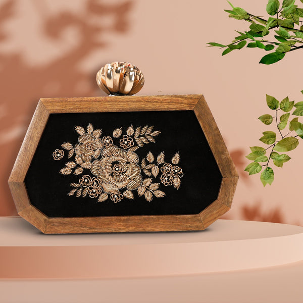 Handcrafted Wooden Zari Embroidered Clutch | Rose Style - ArtFlyck