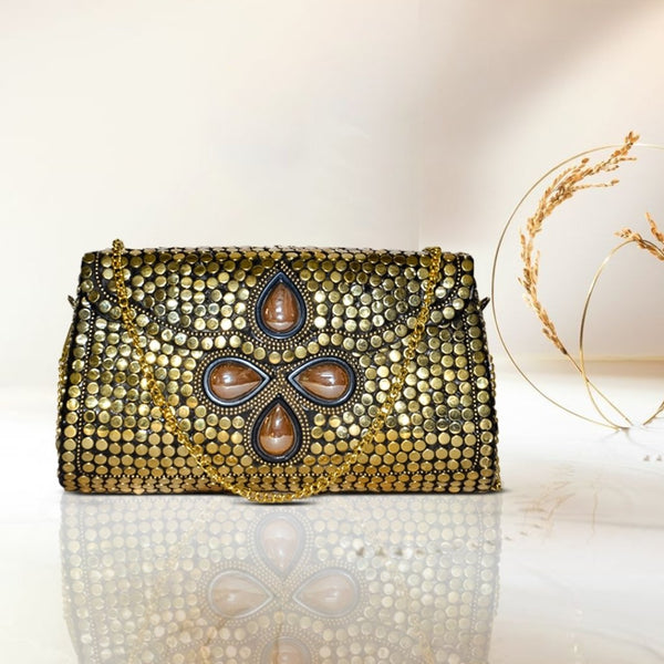 Mosaic Designer Metal Clutch | Golden - ArtFlyck