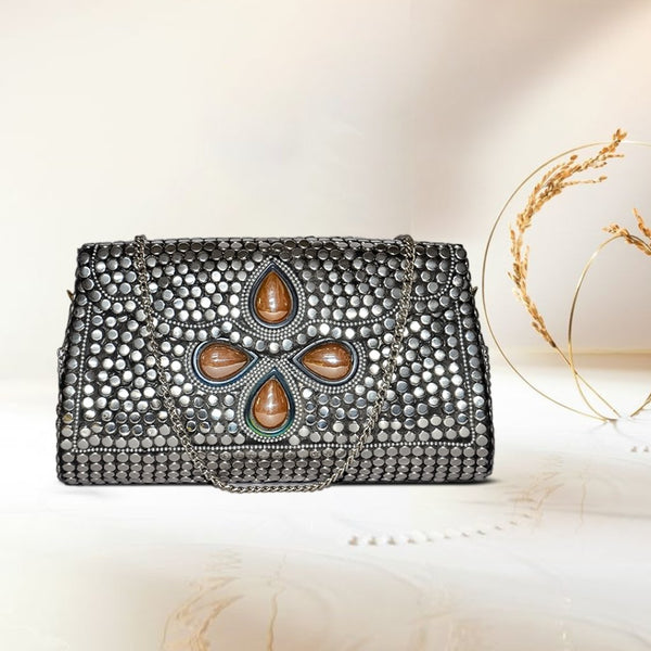 Mosaic Designer Metal Clutch | Silver - ArtFlyck