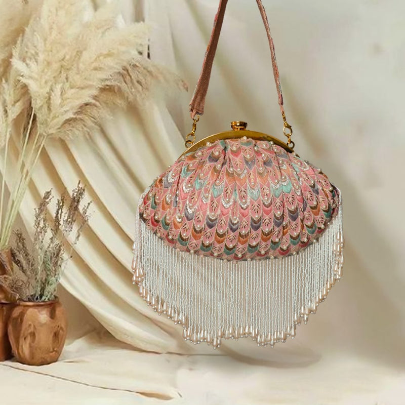 Noor Pearl Fringes Batua | Pink - ArtFlyck