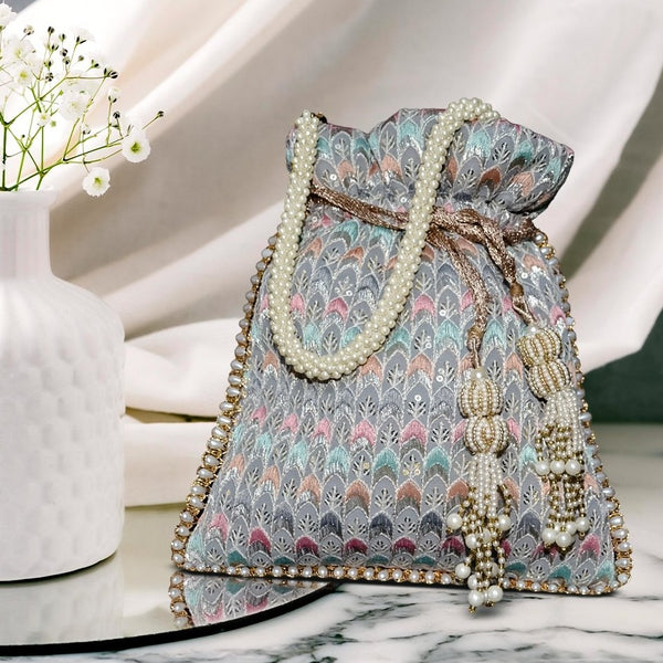 Noor Thread Work Silk Potli | Grey - ArtFlyck