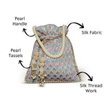 Noor Thread Work Silk Potli | Grey - ArtFlyck