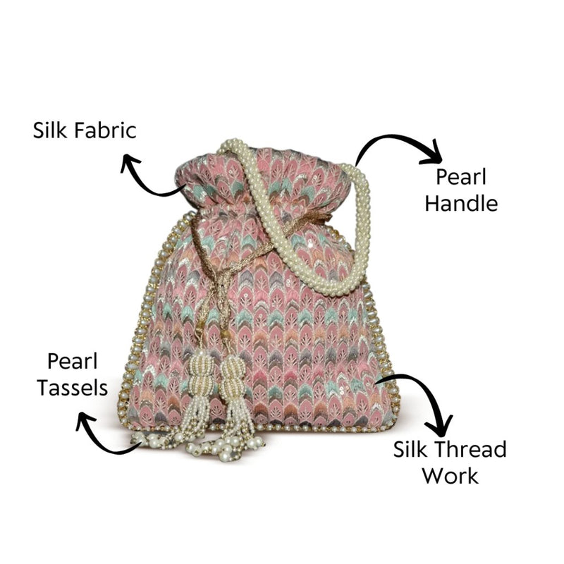 Noor Thread Work Silk Potli | Pink - ArtFlyck