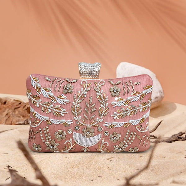 Peach Zari & Pearl Embroidered Bridal Clutch - ArtFlyck