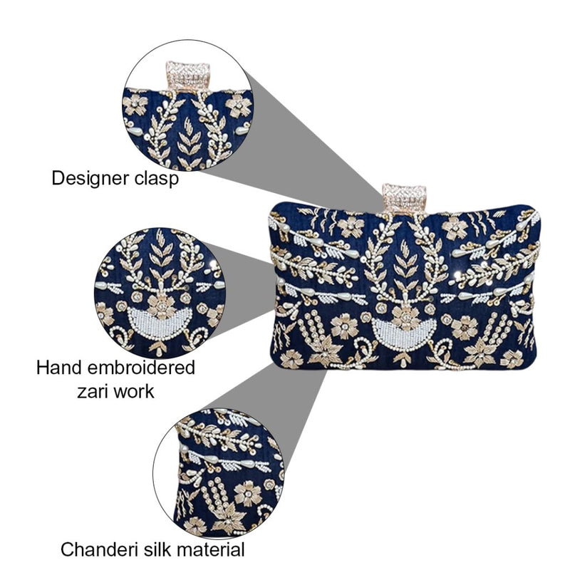 Persian Blue Zari & Pearl Embroidered Bridal Clutch - ArtFlyck