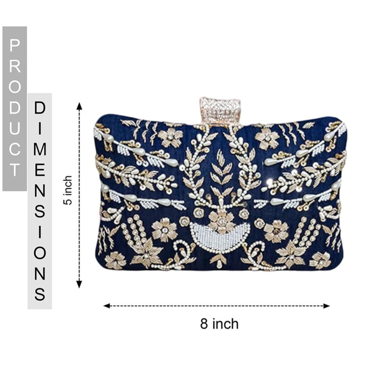 Persian Blue Zari & Pearl Embroidered Bridal Clutch - ArtFlyck