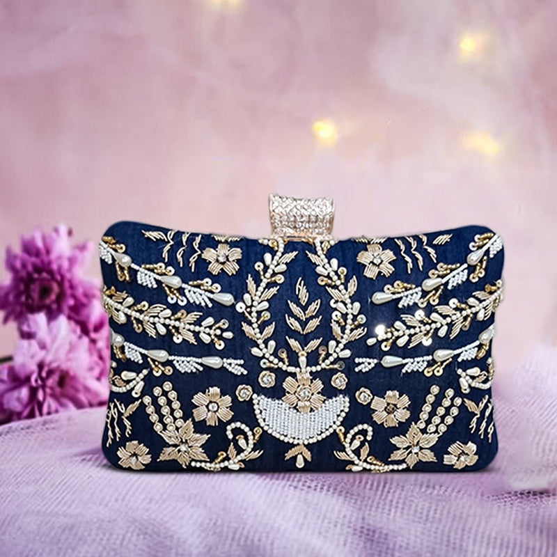 Persian Blue Zari & Pearl Embroidered Bridal Clutch - ArtFlyck