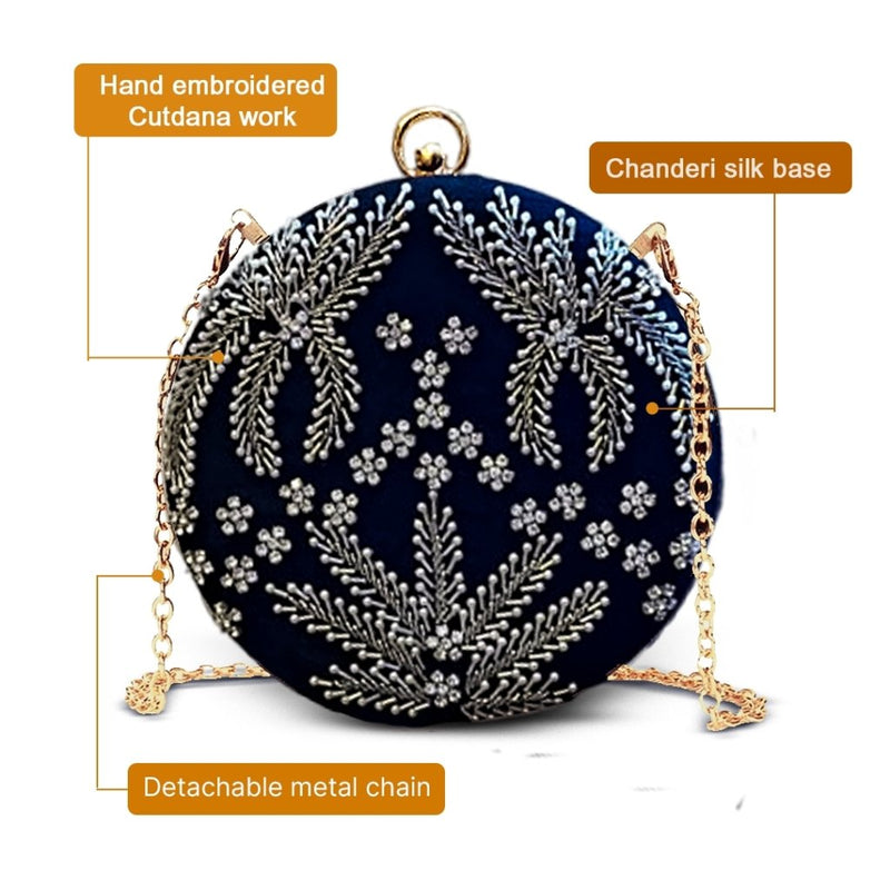 Round Cutdana Embroidered Bridal Clutch | Black - ArtFlyck
