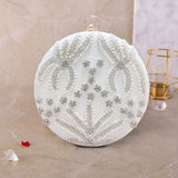 Round Cutdana Embroidered Bridal Clutch | Off White - ArtFlyck