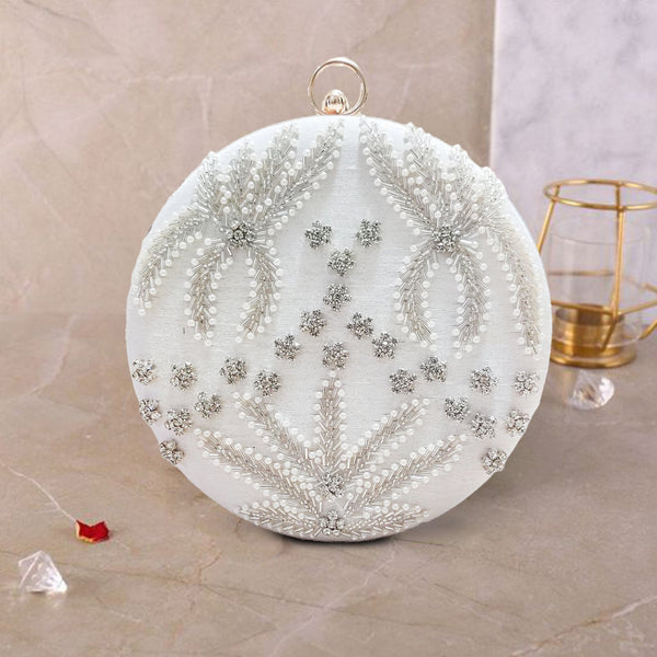 Round Cutdana Embroidered Bridal Clutch | Off White - ArtFlyck