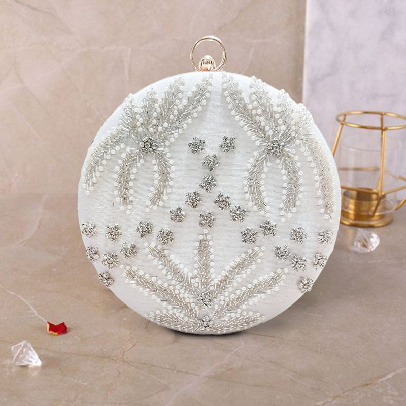 Round Cutdana Embroidered Bridal Clutch | Off White - ArtFlyck