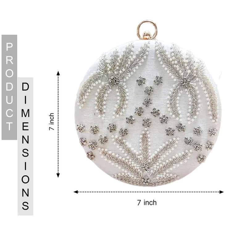 Round Cutdana Embroidered Bridal Clutch | Off White - ArtFlyck