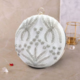 Round Cutdana Embroidered Bridal Clutch | Off White - ArtFlyck