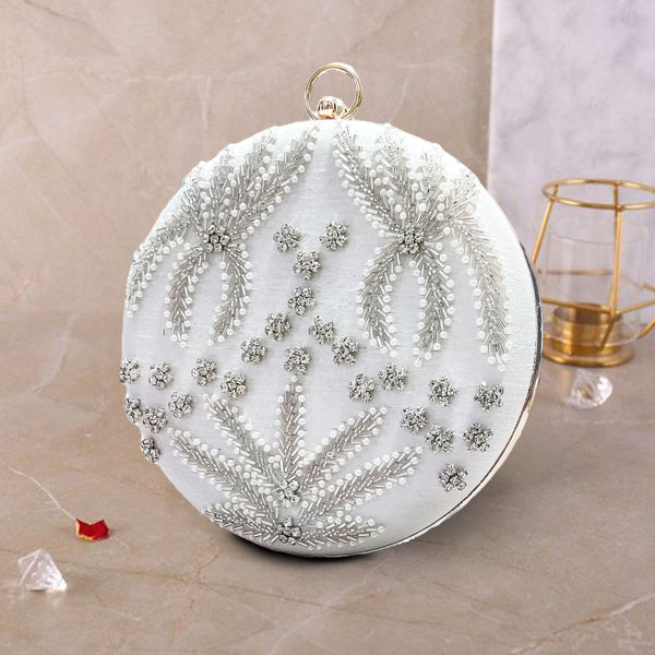 Round Cutdana Embroidered Bridal Clutch | Off White - ArtFlyck