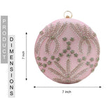 Round Cutdana Embroidered Bridal Clutch | Pastel Pink - ArtFlyck