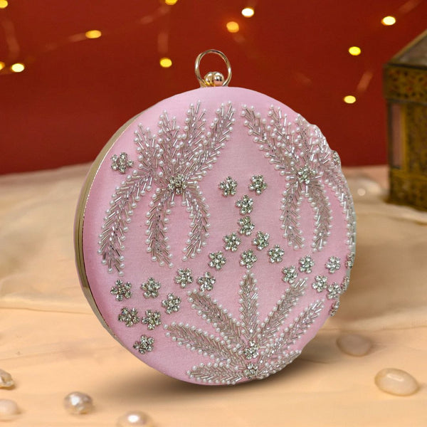 Round Cutdana Embroidered Bridal Clutch | Pastel Pink - ArtFlyck