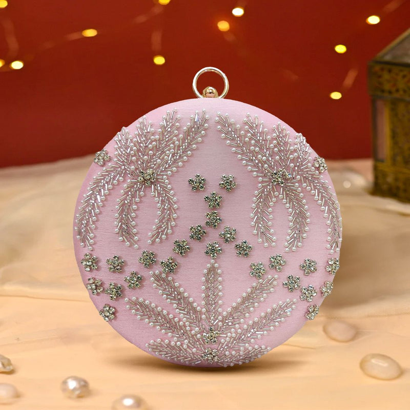 Round Cutdana Embroidered Bridal Clutch | Pastel Pink - ArtFlyck