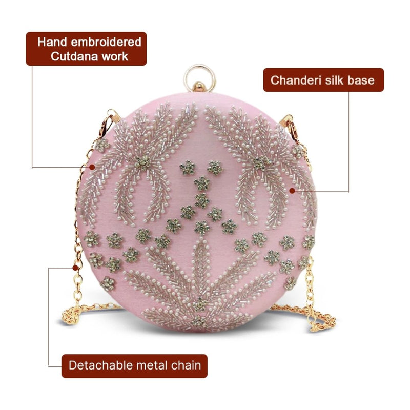 Round Cutdana Embroidered Bridal Clutch | Pastel Pink - ArtFlyck
