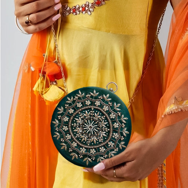 Round Zari Embroidered Bridal Clutch | Green - ArtFlyck