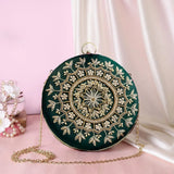 Round Zari Embroidered Bridal Clutch | Green - ArtFlyck