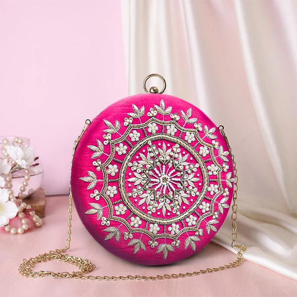 Round Zari Embroidered Bridal Clutch | Pink - ArtFlyck