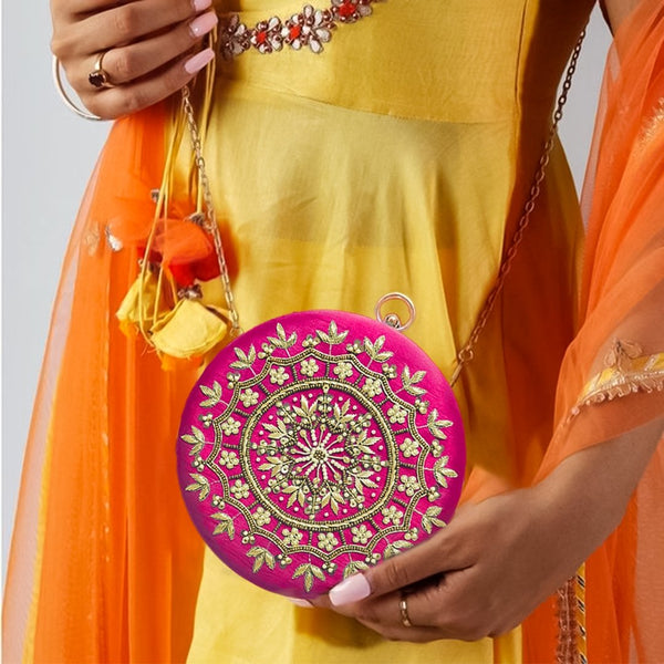Round Zari Embroidered Bridal Clutch | Pink - ArtFlyck