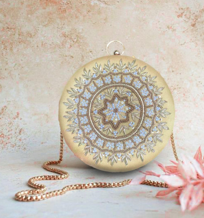 Round Zari Pearl Clutch | Golden